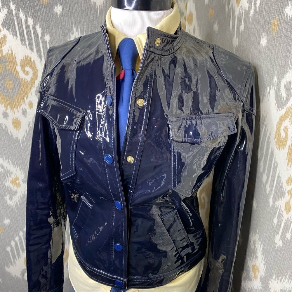 Ralph Lauren Midnight Blue Patent Leather Calfskin Moto Jacket
